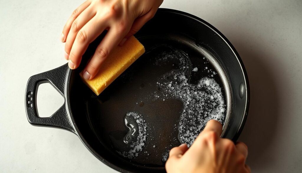 A well-lit, close-up view of a person's hands gently scrubbing a cast iron skillet with a sponge, highlighting the process of cleaning fresh stains. The skillet is in the foreground, with a neutral background that allows the focus to remain on the cleaning action. The lighting is warm and soft, creating a sense of care and attention to detail. The angle is slightly elevated, providing a birds-eye perspective that showcases the technique and movement involved in the cleaning process. The overall atmosphere is one of a straightforward, step-by-step approach to maintaining a well-used cast iron pan.