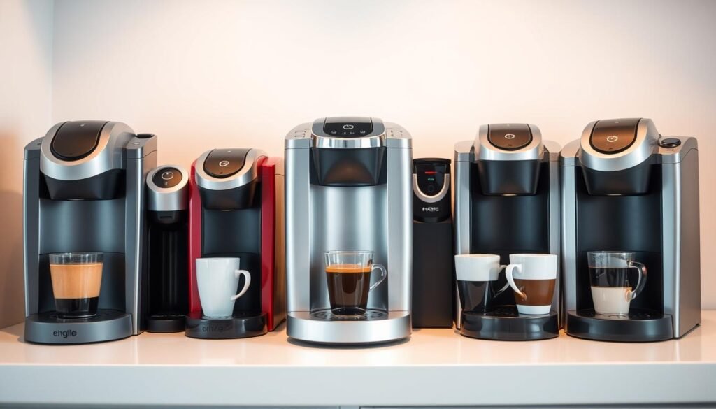 A well-lit, close-up view of an assortment of single-serve coffee makers on a clean, white countertop. The machines are in focus, showcasing their sleek, modern designs with a variety of colors and sizes. The lighting is soft and diffused, creating a warm, inviting atmosphere. The machines are arranged in an aesthetically pleasing manner, with enough space between them to highlight their individual features. The background is slightly blurred, keeping the attention on the coffee makers themselves. The overall scene conveys the efficiency and convenience of these single-serve brewing solutions.