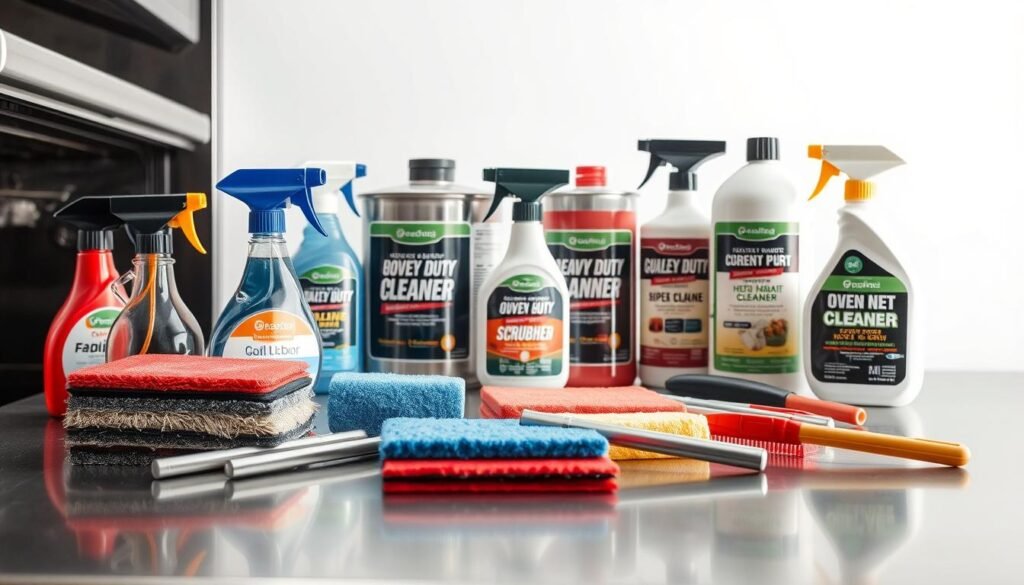 A well-lit, closeup view of a set of commercial oven cleaning products laid out on a stainless steel countertop. The foreground features a variety of spray bottles, abrasive pads, and scrubbing tools neatly arranged. The middle ground showcases larger canisters and bottles of heavy-duty oven cleaners in different formulations. The background subtly blurs into a clean, white backdrop, highlighting the professional-grade cleaning supplies. The overall scene conveys a sense of efficiency and effectiveness, suitable for tackling even the toughest oven grime. A well-lit, closeup view of a set of commercial oven cleaning products laid out on a stainless steel countertop. The foreground features a variety of spray bottles, abrasive pads, and scrubbing tools neatly arranged. The middle ground showcases larger canisters and bottles of heavy-duty oven cleaners in different formulations. The background subtly blurs into a clean, white backdrop, highlighting the professional-grade cleaning supplies. The overall scene conveys a sense of efficiency and effectiveness, suitable for tackling even the toughest oven grime.