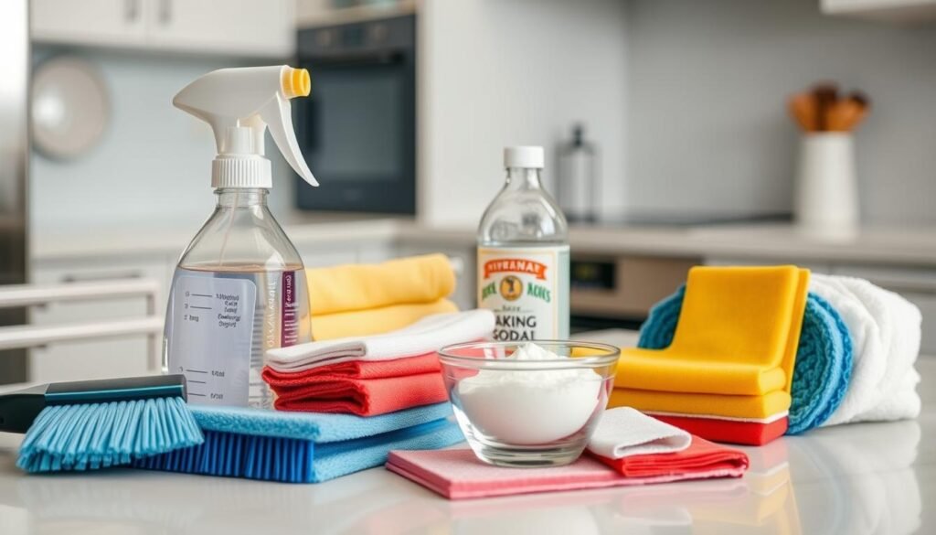 A well-lit countertop with an assortment of oven cleaning supplies, including a scrub brush, sponges, a spray bottle filled with a mild cleaning solution, and a couple of scouring pads. In the middle ground, a small bowl of baking soda and a bottle of vinegar, complementing the cleaning tools. The background features a clean, modern kitchen with sleek appliances, suggesting a professional, streamlined approach to oven maintenance. The scene evokes a sense of organization and efficiency, inspiring the reader to tackle their oven cleaning task with confidence. A well-lit countertop with an assortment of oven cleaning supplies, including a scrub brush, sponges, a spray bottle filled with a mild cleaning solution, and a couple of scouring pads. In the middle ground, a small bowl of baking soda and a bottle of vinegar, complementing the cleaning tools. The background features a clean, modern kitchen with sleek appliances, suggesting a professional, streamlined approach to oven maintenance. The scene evokes a sense of organization and efficiency, inspiring the reader to tackle their oven cleaning task with confidence.