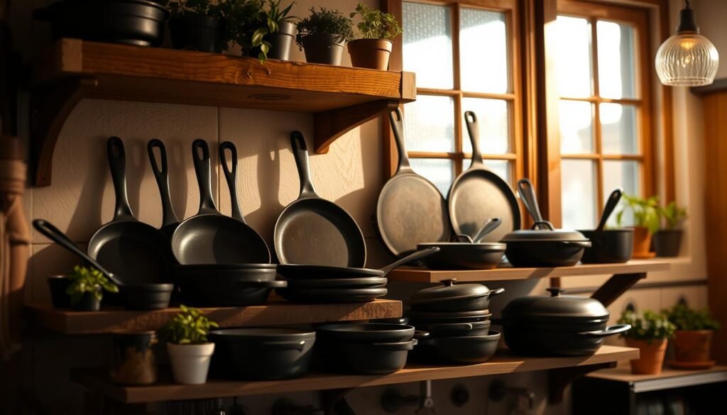 A well-lit, cozy kitchen interior with a rustic, wooden shelf prominently displaying a collection of well-seasoned cast iron skillets in various sizes. The skillets are neatly arranged, with some standing upright and others stacked gently. The shelf is adorned with small potted plants, adding a touch of natural greenery to the scene. Soft, warm lighting casts a gentle glow, creating a inviting and homely atmosphere, perfect for showcasing the beauty and functionality of these timeless cooking tools.