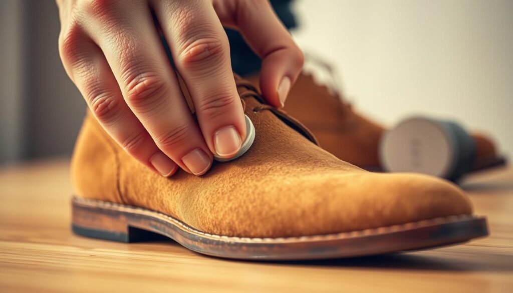 A well-lit, detailed close-up of a person's hand gently rubbing a suede cleaning eraser in circular motions on a scuffed suede shoe, capturing the texture and subtlety of the cleaning process. The foreground features the shoe and eraser in sharp focus, with a slightly blurred background that suggests a clean, uncluttered workspace. Warm, soft lighting illuminates the scene, highlighting the nuanced movements and the gradual disappearance of the stain. The overall mood is one of care, attention, and the satisfaction of restoring a beloved pair of suede shoes.