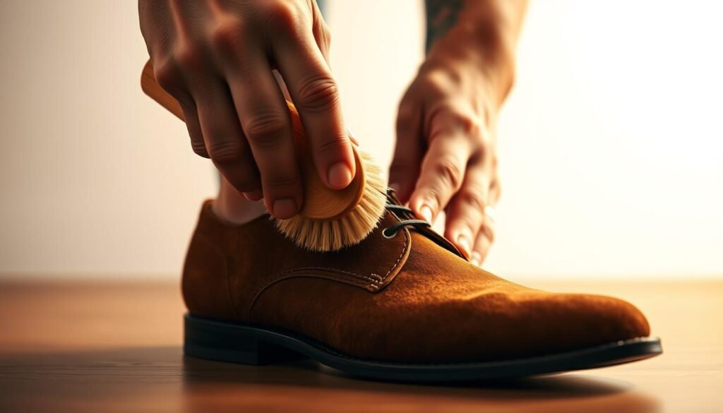 A well-lit, detailed close-up of a person's hands gently brushing a suede shoe with a soft, natural-bristle brush. The shoe is positioned in the foreground, filling the frame, with a clean, uncluttered background to emphasize the focus on the cleaning process. The lighting is warm and diffused, creating a sense of care and attention to the task. The person's hands are delicately working the brush across the suede, demonstrating the importance of this meticulous process to maintain the shoe's texture and appearance. The image conveys the value of properly caring for suede footwear.