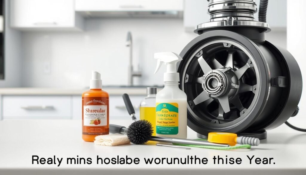 A well-lit, detailed illustration of a garbage disposal unit with accompanying maintenance tools. A closeup view showcases the disposal's inner workings, revealing the shredder blades and impeller mechanism. In the middle ground, various cleaning supplies are neatly arranged, including a bottle of disposal cleaner, a scrub brush, and a few tools for unclogging. The background depicts a modern kitchen counter, with clean, minimalist surfaces that complement the maintenance focus. The overall atmosphere conveys a sense of organized, step-by-step guidance for properly maintaining a garbage disposal throughout the year.