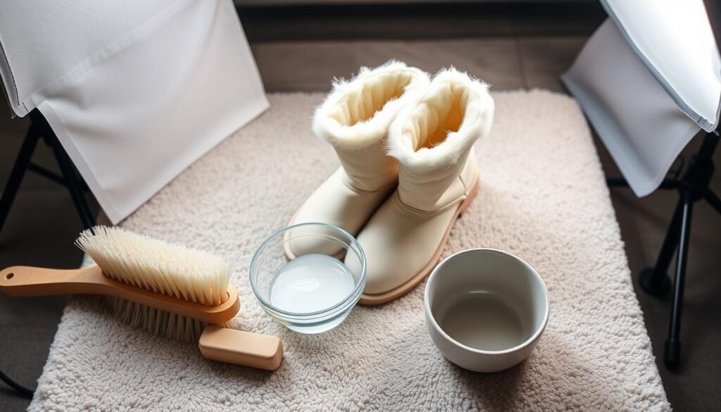 A well-lit, high-angle composition showcasing an assortment of items needed to clean UGG boots safely. In the foreground, a soft-bristle brush, a suede eraser, and a small bowl filled with a mild detergent solution. In the middle ground, a pair of clean, white UGG boots sit on a plush, neutral-colored surface. The background features a soft, diffused lighting setup, creating a calming, professional atmosphere. The overall mood is one of thoughtful organization and care, emphasizing the importance of properly maintaining these popular, high-quality footwear.