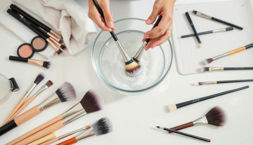 A well-lit, high-angle composition showcasing the proper steps to clean various makeup brushes. In the foreground, an array of brushes in different shapes and sizes - foundation, eyeshadow, blush, and concealer brushes. On a clean, white surface, the brushes are surrounded by a bowl of soapy water, a clean towel, and a brush cleaning mat. The middle ground features a person's hands delicately swirling the brushes in the water, gently scrubbing the bristles. The background is softly blurred, keeping the focus on the brush cleaning process. The lighting is natural and diffused, creating an airy, instructional atmosphere. Overall, the image conveys a sense of care and attention to maintaining high-quality makeup tools. A well-lit, high-angle composition showcasing the proper steps to clean various makeup brushes. In the foreground, an array of brushes in different shapes and sizes - foundation, eyeshadow, blush, and concealer brushes. On a clean, white surface, the brushes are surrounded by a bowl of soapy water, a clean towel, and a brush cleaning mat. The middle ground features a person's hands delicately swirling the brushes in the water, gently scrubbing the bristles. The background is softly blurred, keeping the focus on the brush cleaning process. The lighting is natural and diffused, creating an airy, instructional atmosphere. Overall, the image conveys a sense of care and attention to maintaining high-quality makeup tools.