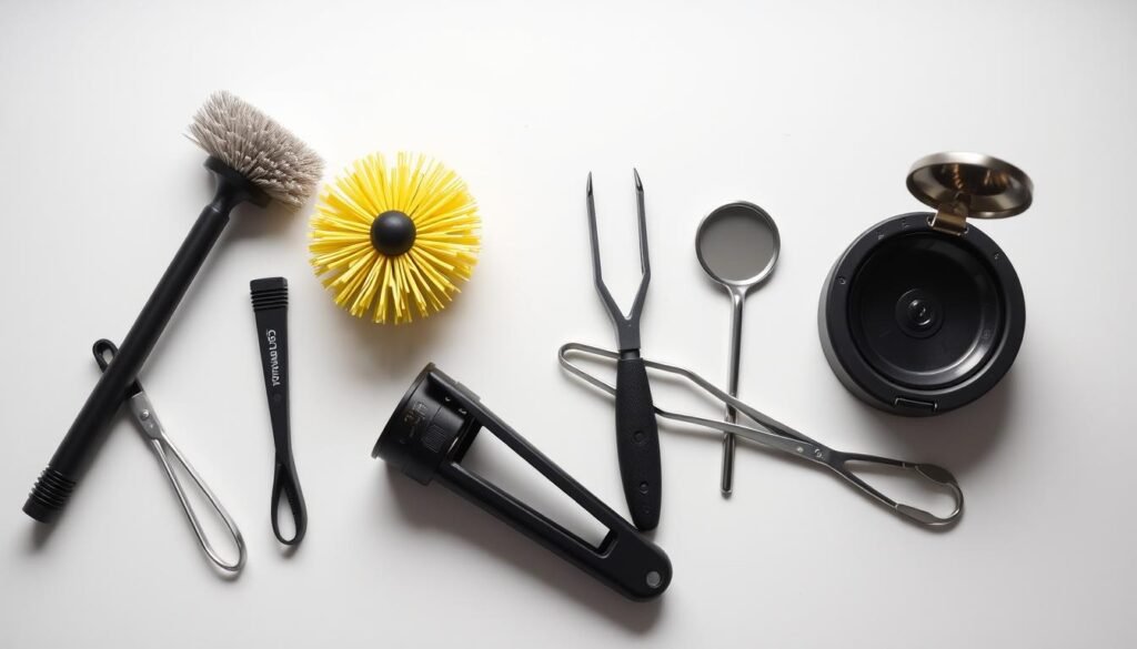 A well-lit, high-resolution image of various cleaning tools and accessories for a garbage disposal, including a bottle brush, a long-handled scrub brush, a small flashlight, a pair of tongs, and a small mirror on a stick. The tools are arranged neatly on a clean, light-colored surface, such as a kitchen countertop or workbench, with a slight shadow effect to add depth and dimension. The overall mood is one of organization and efficiency, conveying the idea of a thorough and effective cleaning process.