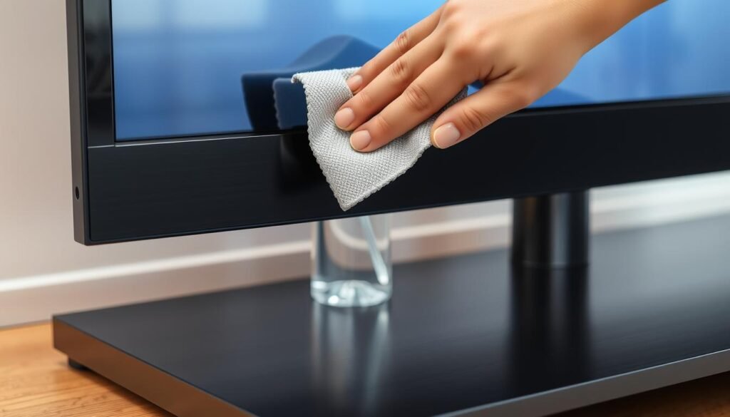 A well-lit, high-resolution image showing the close-up view of a modern TV frame and base, showcasing the proper cleaning techniques. The frame is made of sleek, black aluminum, with a subtle, brushed texture. The base is a sturdy, rectangular platform in a matching color, with a smooth, glossy finish. In the foreground, a microfiber cloth is gently wiping the frame, removing any dust or fingerprints, while in the middle ground, a bottle of specialized TV cleaning solution is visible, ready to be applied. The background is softly blurred, creating a sense of focus on the cleaning process. The image conveys a sense of care and attention to detail, highlighting the importance of maintaining a clean and pristine TV setup.