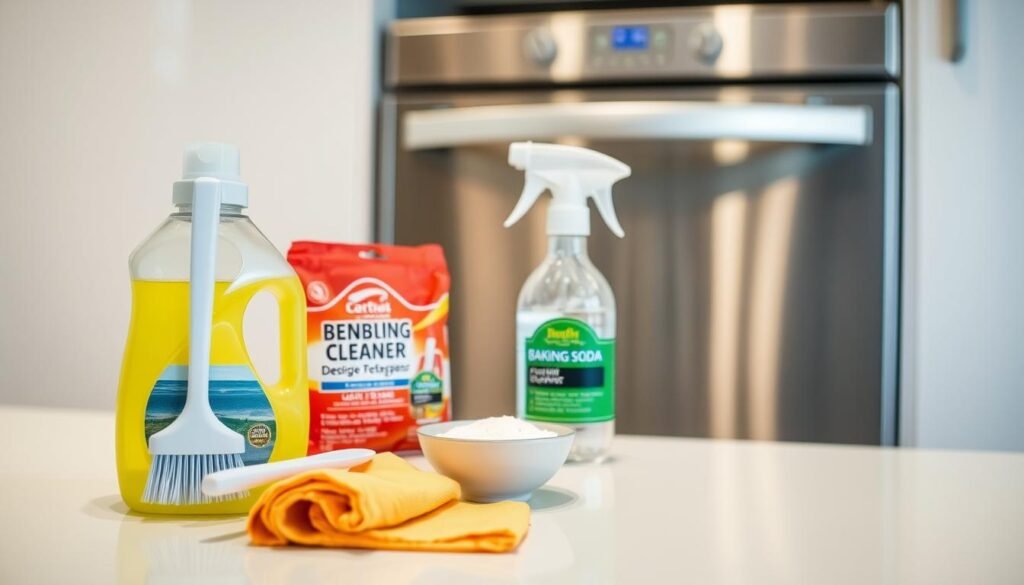 A well-lit kitchen counter, clean and uncluttered, with an assortment of dishwasher cleaning supplies neatly arranged. In the foreground, a bottle of dishwasher detergent, a scrub brush, and a cloth sit side by side. In the middle ground, a small bowl of baking soda and a spray bottle of dishwasher cleaner are visible. The background showcases a modern, stainless steel dishwasher, its door slightly ajar, hinting at the task at hand. The lighting is soft and even, accentuating the sheen of the metallic surfaces and the clarity of the cleaning items. The overall mood is one of organization, efficiency, and a commitment to maintaining a spotless dishwasher.