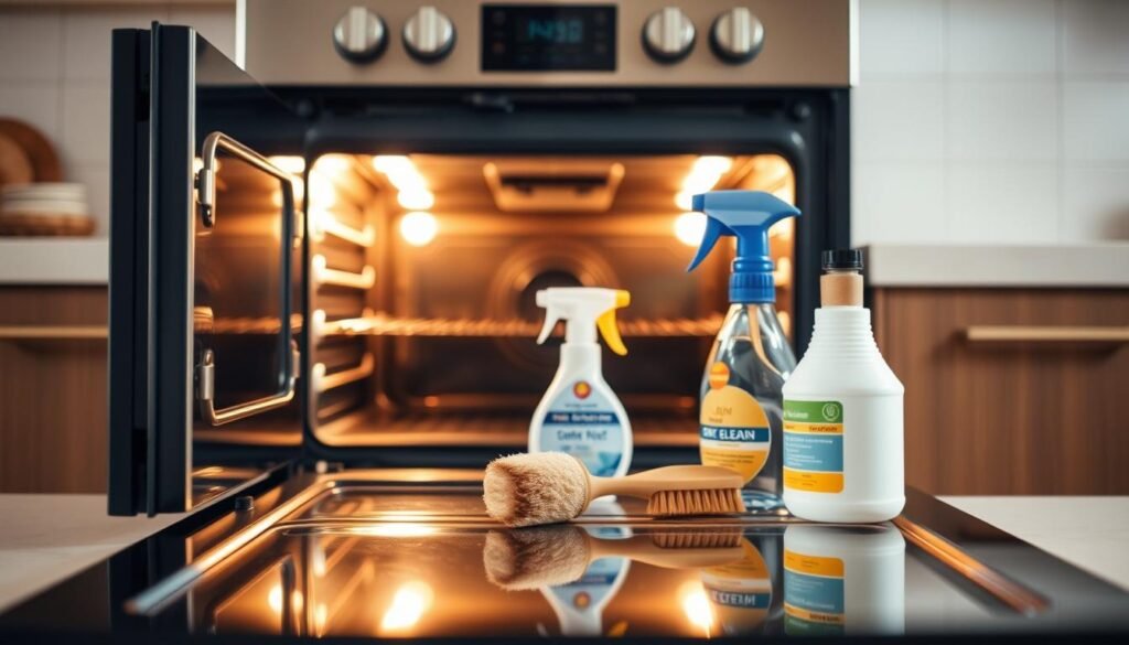 A well-lit kitchen counter with a modern gas oven in the foreground, its door ajar, revealing the oven interior. In the middle ground, cleaning supplies like a scrub brush, oven cleaner, and a spray bottle are neatly arranged. The background shows the oven's control panel and a clean, tidy kitchen space, suggesting a sense of order and preparedness for the upcoming cleaning task. The lighting is warm and natural, creating a welcoming atmosphere. The camera angle is slightly elevated, providing a clear view of the oven and cleaning tools, guiding the viewer's attention to the steps of the "Preparing Your Oven for Cleaning" process. A well-lit kitchen counter with a modern gas oven in the foreground, its door ajar, revealing the oven interior. In the middle ground, cleaning supplies like a scrub brush, oven cleaner, and a spray bottle are neatly arranged. The background shows the oven's control panel and a clean, tidy kitchen space, suggesting a sense of order and preparedness for the upcoming cleaning task. The lighting is warm and natural, creating a welcoming atmosphere. The camera angle is slightly elevated, providing a clear view of the oven and cleaning tools, guiding the viewer's attention to the steps of the "Preparing Your Oven for Cleaning" process.