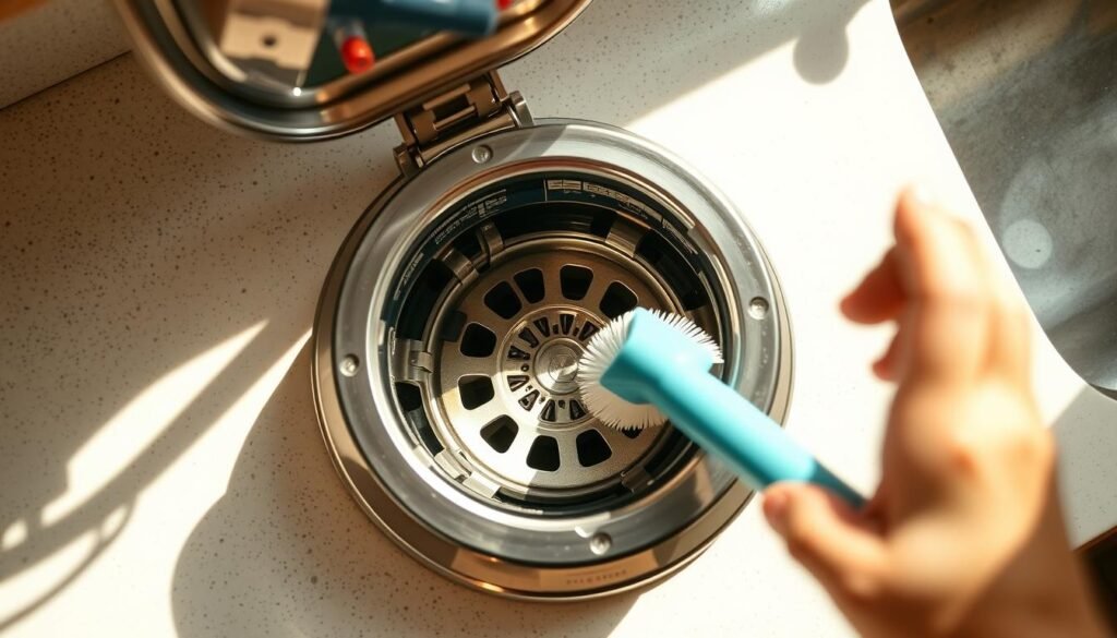A well-lit kitchen countertop with a shiny metal garbage disposal unit at its center. The disposal is open, revealing the inner workings and blades. Nearby, a hand is reaching in with a cleaning brush, scrubbing the blades and interior to remove any built-up grime or food debris. The scene is captured from an overhead angle, showcasing the step-by-step process of thoroughly cleaning the disposal. The lighting is bright and natural, casting warm shadows and highlights that accentuate the metal textures. The overall mood is one of efficiency and cleanliness, reflecting the task at hand.