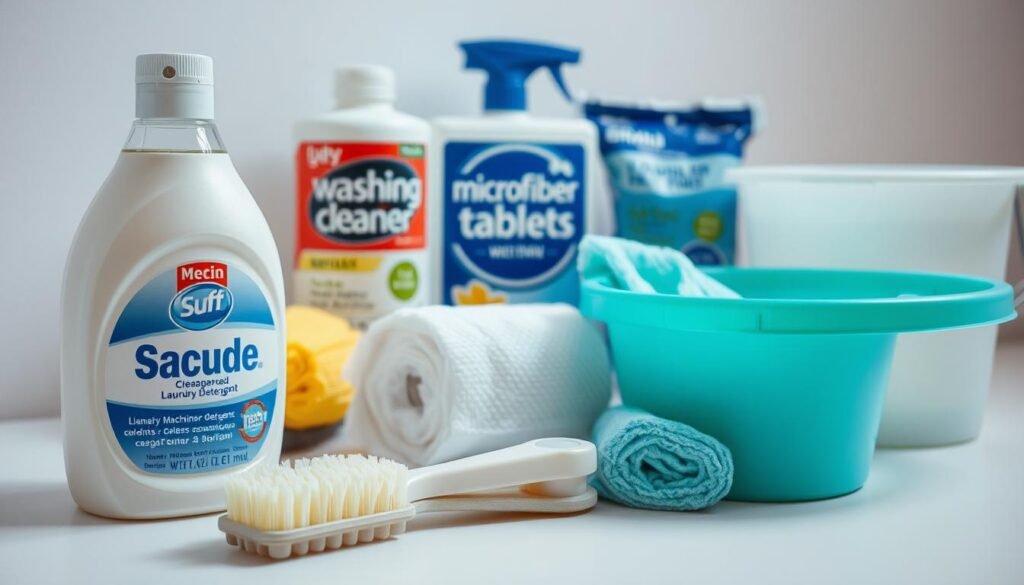 A well-lit still life image of various washing machine cleaning supplies arranged neatly on a clean, white surface. In the foreground, a bottle of specialized laundry detergent, a scrub brush, and a sponge. In the middle ground, a container of washing machine cleaner and a roll of microfiber cloths. In the background, a package of descaling tablets and a small bucket. The lighting is soft and diffused, creating a clean, organized, and inviting atmosphere, highlighting the tools needed to thoroughly clean a washing machine.