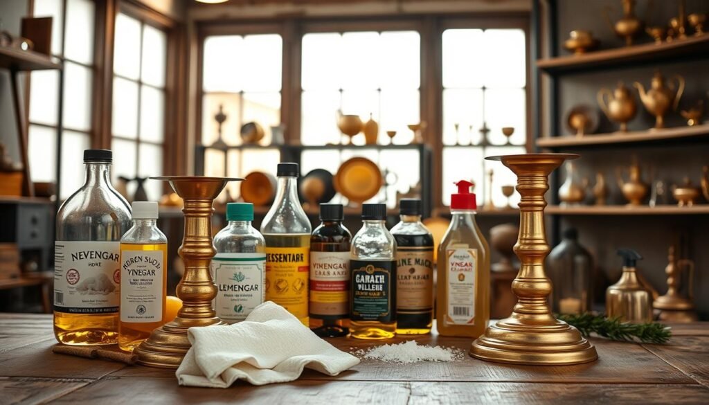 A well-lit studio scene showcasing eco-friendly brass cleaning methods. In the foreground, a brass vase or candlestick is being polished with a soft cloth and a natural brass polish made from lemon juice and baking soda. The middle ground features an assortment of natural cleaning supplies like vinegar, olive oil, and essential oils. The background has shelves displaying vintage brass pieces, with natural lighting filtering in through large windows. The overall mood is warm, rustic, and inviting, highlighting the effectiveness of green cleaning alternatives for maintaining a brilliant brass finish.