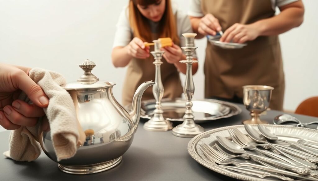 A well-lit studio setting with a table showcasing various silver items: a sterling silver teapot, an antique silver candlestick, a silver-plated tray, and a handful of mismatched silver cutlery pieces. In the foreground, a skilled hand gently polishes the surface of the teapot with a soft cloth, revealing its lustrous finish. In the middle ground, a person meticulously cleans the intricate details of the candlestick using a small brush, while in the background, another individual wipes down the tray with a specialized silver cleaning solution. The scene conveys a sense of care and attention to detail, highlighting the diverse methods required to maintain the distinct characteristics of different silver types. A well-lit studio setting with a table showcasing various silver items: a sterling silver teapot, an antique silver candlestick, a silver-plated tray, and a handful of mismatched silver cutlery pieces. In the foreground, a skilled hand gently polishes the surface of the teapot with a soft cloth, revealing its lustrous finish. In the middle ground, a person meticulously cleans the intricate details of the candlestick using a small brush, while in the background, another individual wipes down the tray with a specialized silver cleaning solution. The scene conveys a sense of care and attention to detail, highlighting the diverse methods required to maintain the distinct characteristics of different silver types.