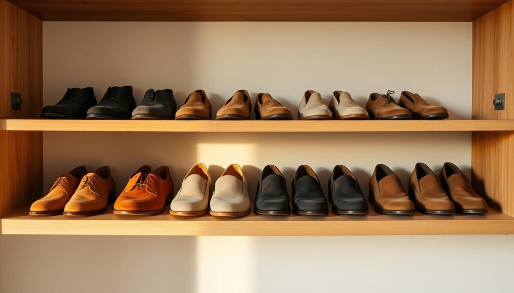 A well-lit wooden shelf displaying a neatly arranged set of suede shoes in various neutral tones. The shoes are meticulously placed, some upright, others on their sides, showcasing their supple texture and fine craftsmanship. Soft shadows accentuate the contours, and a gentle side lighting casts a warm, inviting glow. The background is a minimalist, off-white wall, creating a clean, uncluttered atmosphere that allows the shoes to be the focal point. The overall composition conveys a sense of order, care, and the proper storage of these delicate, high-quality suede footwear.