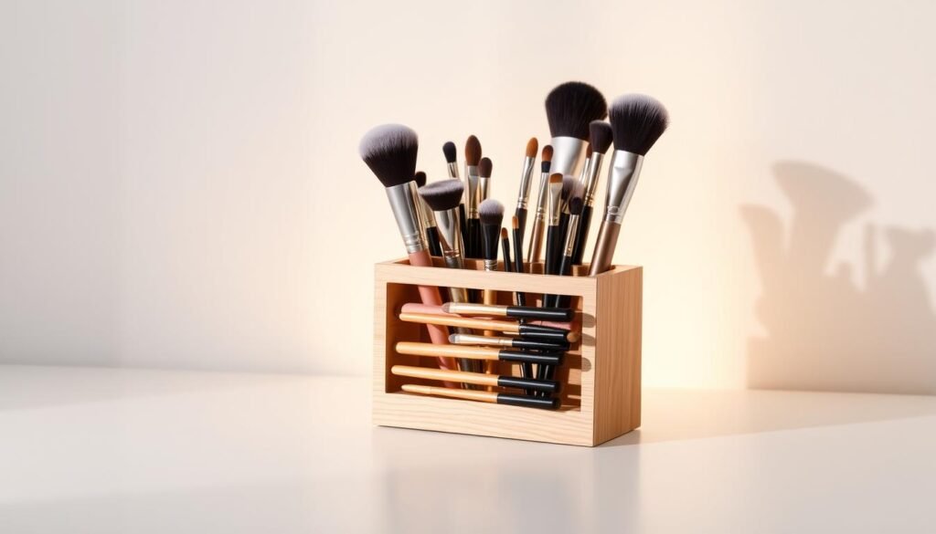 A well-organized and aesthetically pleasing makeup brush storage solution, featuring a sleek wooden stand with individual compartments for various brush sizes and types. The stand is positioned on a clean, minimalist surface, illuminated by soft, diffused lighting that casts a warm, inviting glow. The brushes are neatly arranged, their bristles pristine and the handles polished to a subtle sheen. The overall composition conveys a sense of order, efficiency, and an attention to detail that reflects the importance of proper brush maintenance. A well-organized and aesthetically pleasing makeup brush storage solution, featuring a sleek wooden stand with individual compartments for various brush sizes and types. The stand is positioned on a clean, minimalist surface, illuminated by soft, diffused lighting that casts a warm, inviting glow. The brushes are neatly arranged, their bristles pristine and the handles polished to a subtle sheen. The overall composition conveys a sense of order, efficiency, and an attention to detail that reflects the importance of proper brush maintenance.