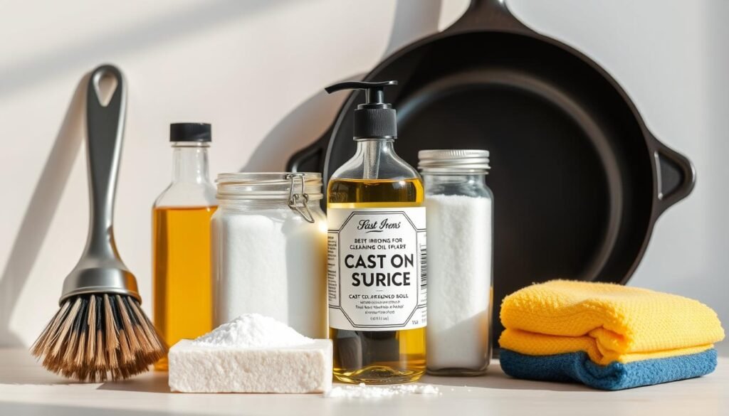 A well-organized arrangement of cast iron skillet cleaning products, including a metal scrub brush, a jar of cast iron seasoning oil, a block of coarse salt, and a sponge, all neatly displayed against a clean, neutral background, bathed in warm, natural lighting to convey a sense of cleanliness and care. The products are positioned to showcase their individual features and functionality, creating a visually appealing and informative composition that effectively illustrates the best tools for properly maintaining a cast iron skillet.