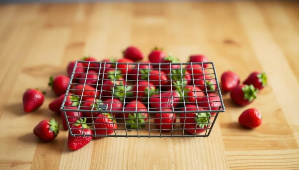 A wooden countertop, its surface adorned with freshly washed, vibrant red strawberries. The berries are arranged in a scattered, organic pattern, their juicy forms glistening under the warm, diffused lighting from overhead. In the foreground, a thin wire mesh rack hovers above the strawberries, creating a sense of depth and anticipation. The background fades into a soft, muted tone, allowing the subject to take center stage. The overall mood is one of simplicity, purity, and the natural beauty of the drying process, capturing the essence of the "Drying Your Strawberries" section.