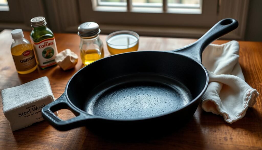 Cast iron skillet on wooden table, clean and well-maintained, with steel wool, cooking oil, and a clean cloth displayed beside it. Warm lighting from a window softly illuminates the scene, highlighting the skillet's smooth, seasoned surface. The composition emphasizes the simplicity and importance of proper cast iron care, conveying a sense of domestic tranquility and attention to detail.