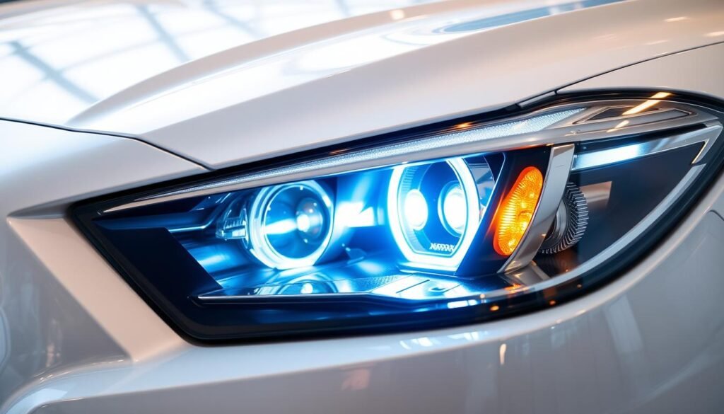 Crisp, high-resolution image of a pair of pristine, crystal-clear automobile headlights. The headlights are in the foreground, gleaming with a brilliant, polished sheen, their lens surfaces perfectly clear and free of any haze, scratches, or discoloration. The headlight housings are sleek and modern, with a sharp, angular design that gives the front of the vehicle a bold, aggressive appearance. The headlights are illuminated, casting a bright, focused beam of light that emanates from the lens, creating a strong, vibrant glow. The background is blurred, placing the emphasis solely on the captivating clarity and luminosity of the headlights.
