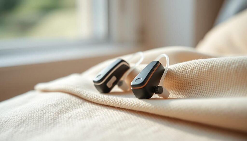 High-resolution, macro close-up shot of a pair of modern, discreet, in-the-ear hearing aids resting on a soft, beige microfiber cloth, illuminated by soft, diffused natural light from a window. The hearing aids are shown in detail, with intricate components and discreet design, highlighting their small, sleek form factor. The cloth provides a clean, minimalist background, allowing the hearing aids to be the main focus. The overall mood is one of clinical precision, attention to detail, and technological innovation.
