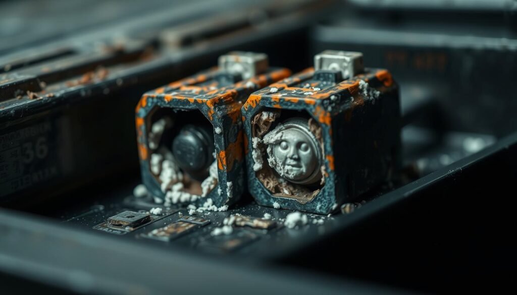 Highly detailed, close-up view of a pair of corroded, worn battery terminals in a device. The terminals are made of tarnished, oxidized metal with visible buildup of white, crusty deposits. Lighting is soft and slightly moody, creating shadows and highlights that accentuate the textural details. The composition focuses on the terminals, with a slightly blurred background to draw attention to the main subject. The overall mood is one of deterioration and the need for repair or replacement, fitting the article's theme.