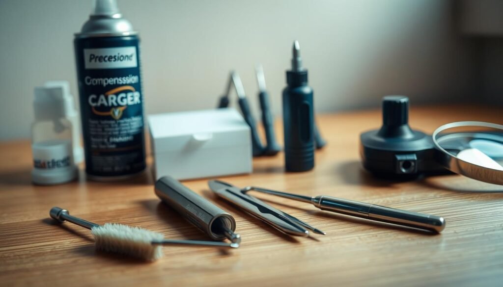 Neatly arranged cleaning tools on a wooden surface, illuminated by soft, natural lighting. In the foreground, a small brush, a toothpick, and a pair of tweezers stand ready. In the middle ground, a can of compressed air and a small, handheld vacuum cleaner sit side by side. In the background, a set of precision screwdrivers and a magnifying glass create a sense of detail and focus. The overall scene conveys a sense of organization, attention to detail, and the tools necessary for a thorough and effective cleaning of a charging port.