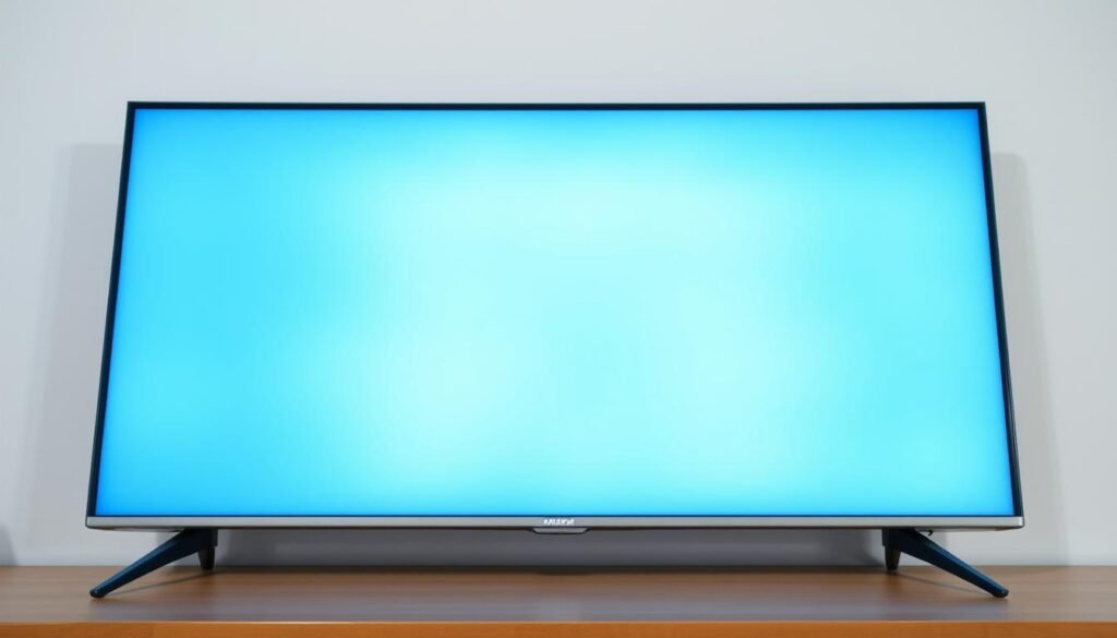 a close-up view of a freshly cleaned, pristine television screen with a bright, evenly lit display. The screen is free of any dust, fingerprints, or smudges, giving it a crystal-clear, flawless appearance. The surrounding bezel is sleek and modern, complementing the screen's crisp, high-definition visuals. Soft, diffused lighting from above illuminates the screen, creating a clean, professional look. The image captures the attention of the viewer, showcasing the importance of maintaining a well-kept television screen for optimal viewing experience.