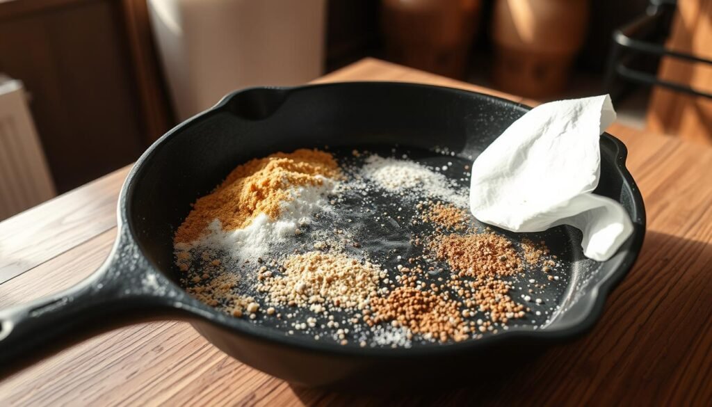 a closeup shot of a cast iron pan on a wooden surface, with a variety of cooking seasonings like salt, pepper, garlic powder, and olive oil being carefully rubbed into the pan's surface with a paper towel, creating a shiny, evenly coated layer, in a warm, rustic kitchen setting with natural lighting streaming in through a window, highlighting the textures and details of the seasoning process