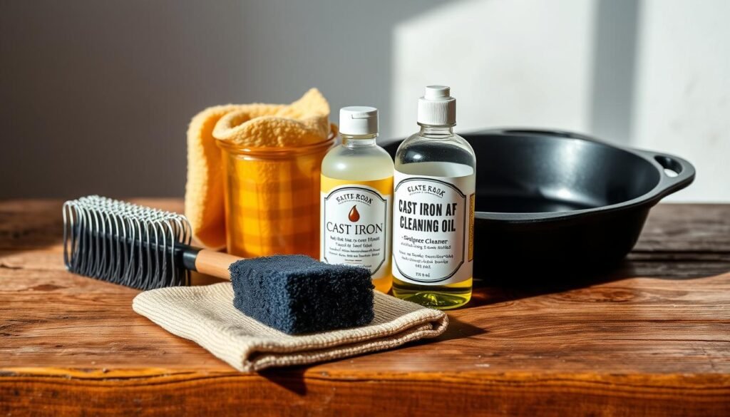 a detailed arrangement of cast iron cleaning tools neatly displayed on a rustic wooden table, with soft natural lighting illuminating the scene. The tools include a wire brush, a scrub pad, a cast iron seasoning oil, and a cast iron cleaner. The tools are arranged in a visually appealing manner, showcasing their essential function in maintaining and restoring cast iron cookware. The background is a simple, uncluttered space, allowing the tools to be the focal point. The overall mood is one of functionality and care, reflecting the importance of properly cleaning and maintaining cast iron.