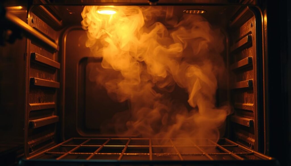 a high-contrast, detailed scene of an oven's interior during the self-cleaning cycle. The oven door is partially open, revealing the glowing elements and smoky haze inside. Warm amber and orange hues cast a moody, industrial glow. The oven walls are slightly discolored from years of accumulated grime. Thick wisps of smoke billow out, backlit by the intense heat. The scene is shot from a low angle, emphasizing the oven's size and power. The lighting is dramatic, with strong shadows and highlights that capture the intensity of the self-cleaning process. The overall mood is one of controlled chaos and effective cleaning.