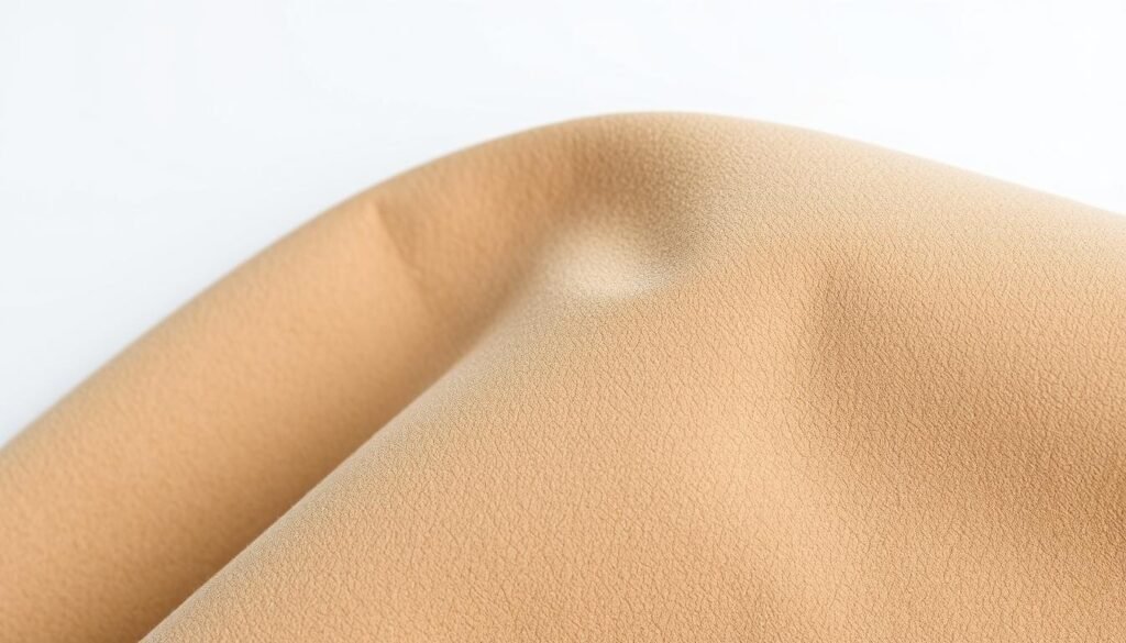 a high-quality close-up photograph of a beautifully textured suede material, displaying its soft, velvety appearance and natural tones. The suede is the primary focus, occupying the majority of the frame, with a clean, minimalist background that allows the material to stand out. Lighting is soft and even, highlighting the subtle sheen and intricate nap of the suede. The image showcases the material's luxurious feel and durable nature, conveying a sense of sophistication and attention to detail that would be suitable for illustrating a guide on how to properly clean and care for suede.