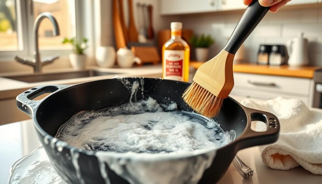 a high-resolution image of the cast iron cleaning process, shown in a bright, well-lit kitchen setting. The foreground features a cast iron skillet being scrubbed with a stiff-bristle brush, the suds and water cascading down the sides. In the middle ground, a bottle of cast iron seasoning oil and a clean, dry towel are visible, ready for the next steps. The background showcases a clean, modern kitchen counter with a few plants and other kitchen accessories, conveying a sense of cleanliness and organization. The lighting is natural and warm, creating a cozy, inviting atmosphere. The camera angle is slightly elevated, providing a clear view of the cleaning process.