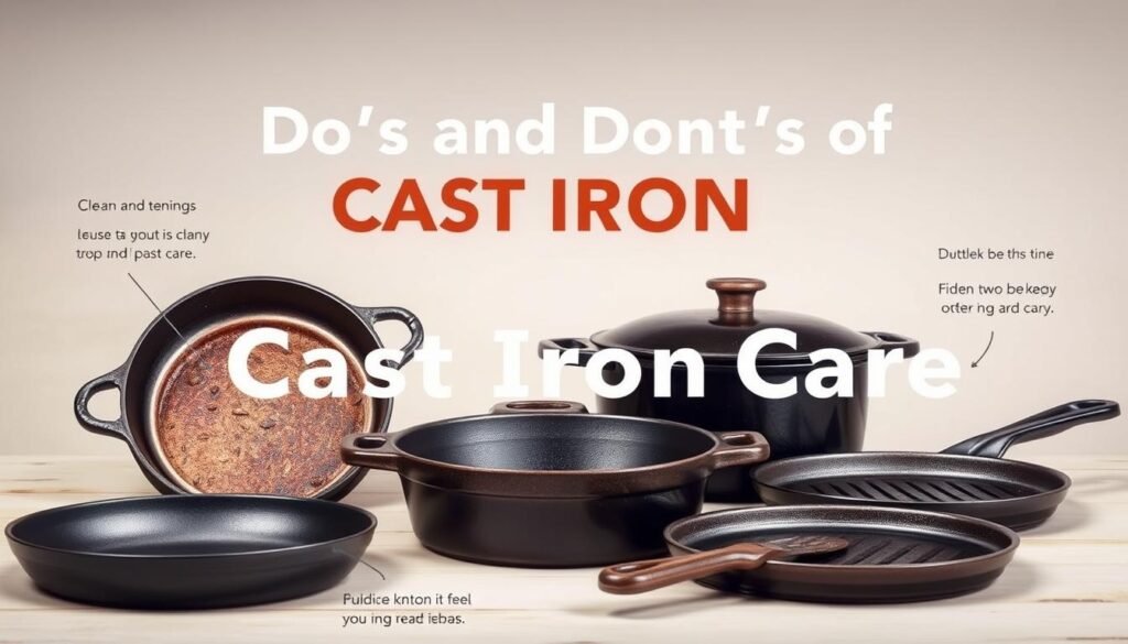 a highly detailed, photorealistic illustration of cast iron cookware with a textured metal surface, showing various tips and techniques for properly cleaning and maintaining cast iron pots and pans. The image is set against a clean, minimalist background with soft lighting that accentuates the warm, rustic tones of the cast iron. The composition highlights several cast iron pieces, including a skillet, a dutch oven, and a griddle, arranged in a visually appealing layout. The image conveys a sense of simplicity, practicality, and attention to detail, reflecting the "Do's and Don'ts of Cast Iron Care" as the focal point.