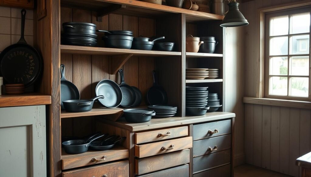 a rustic cast iron storage unit in a cozy kitchen setting, with soft natural lighting filtering through a nearby window. The unit features several shelves and drawers, meticulously organized with various cast iron cookware, such as skillets, dutch ovens, and griddles. The surfaces have a well-worn, seasoned appearance, hinting at years of faithful use. The overall composition conveys a sense of functionality, practicality, and the enduring nature of cast iron, perfectly complementing the "Tips for Preventing Rust on Cast Iron" section of the article.
