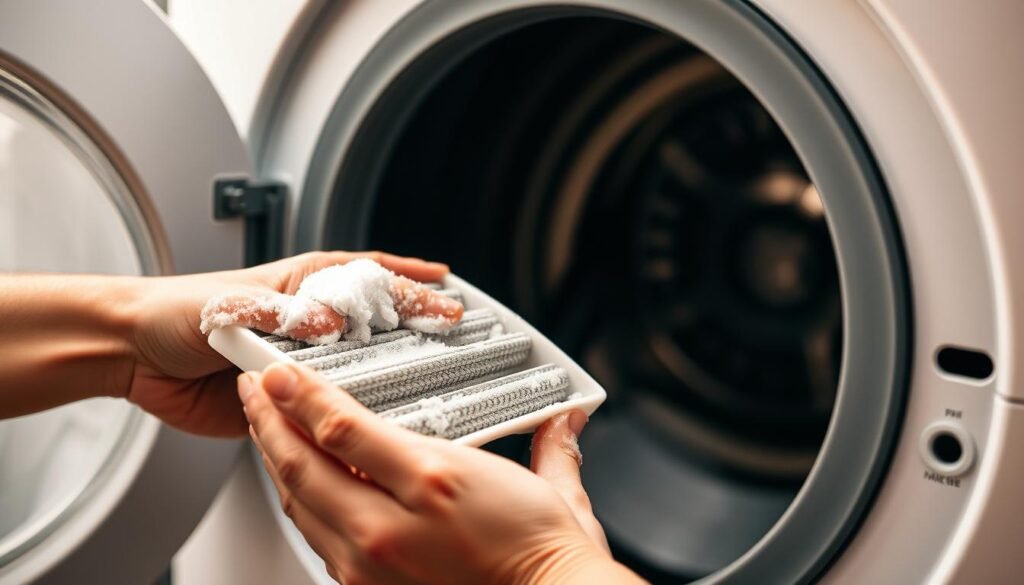 a well-lit, detailed view of a washing machine filter being cleaned, with the filter housing open and the filter in the foreground, illuminated by soft, diffuse lighting from the side. the filter is held in the hands of a person, with suds and water visible as they gently scrub the surface. the background is blurred but suggests the interior of a laundry room, with a portion of the washing machine visible. the overall mood is one of focused attention and care, with the viewer drawn to the intricate details of the filter cleaning process.