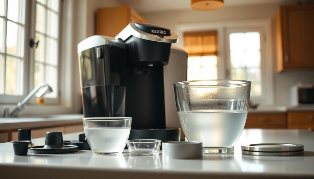 A bright and airy kitchen interior, with a Keurig coffee maker prominently placed on the counter. The device is disassembled, with its various components laid out neatly nearby. A clear glass bowl filled with a vinegar solution sits next to the Keurig, ready for the cleaning process. Soft natural light filters in through nearby windows, creating a warm, inviting atmosphere. The scene conveys a sense of methodical organization and attention to detail as the user prepares to descale and clean the coffee maker.