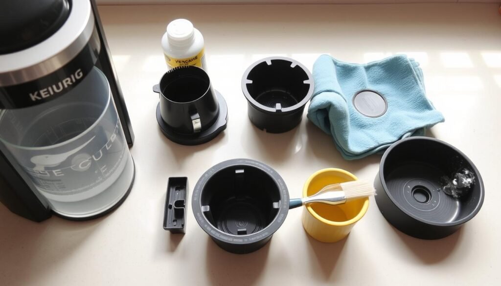 A bright, well-lit kitchen countertop with a Keurig coffee maker disassembled into its components - the removable water reservoir, pod holder, and drip tray. Each part is being thoroughly cleaned with a vinegar solution, using a soft cloth and a small brush to scrub away any buildup or residue. The components are arranged neatly, highlighting their intricate design and the importance of regular maintenance. The scene conveys a sense of order, efficiency, and a commitment to keeping the Keurig in pristine condition for optimal performance.