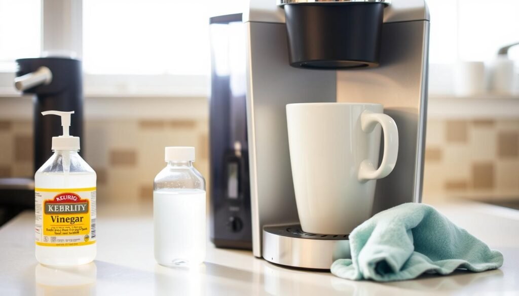 A bright, well-lit kitchen countertop with a Keurig coffee maker prominently displayed. The machine is positioned at a slight angle, allowing for a clear view of the water reservoir and the K-cup holder. The water reservoir is open, inviting the viewer to inspect the interior. A white vinegar bottle and a clean, damp cloth are neatly arranged next to the machine, indicating the preparation for a cleaning process. The scene conveys a sense of organization and attention to detail, with the overall atmosphere being one of cleanliness and efficiency.