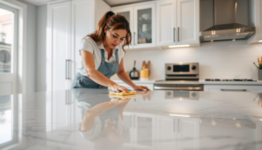 A bright, well-lit kitchen with sleek quartz countertops in the foreground. A person, dressed in cleaning attire, is diligently scrubbing the surface with a sponge, ensuring every inch is sparkling clean. The countertops reflect the light, showcasing their natural beauty and crystalline structure. In the background, cabinets and appliances are neatly organized, conveying a sense of order and cleanliness. The scene exudes a sense of attention to detail, with the person's focused expression and the pristine condition of the countertops. The overall atmosphere is one of a thorough, deep cleaning process to maintain the stunning appearance of the quartz surfaces.