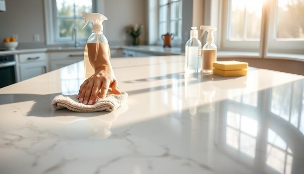 A brightly lit kitchen countertop made of pristine quartz, illuminated by soft natural light streaming through large windows. A woman's hands, gently wiping the surface with a microfiber cloth, removing any visible dust or crumbs. The quartz gleams with a polished sheen, reflecting the kitchen's warm, inviting ambiance. In the background, neatly arranged cleaning supplies stand ready, including a bottle of specialized quartz cleaner and a few plush sponges. The entire scene conveys a sense of effortless, daily maintenance, ensuring the countertop remains in immaculate condition.