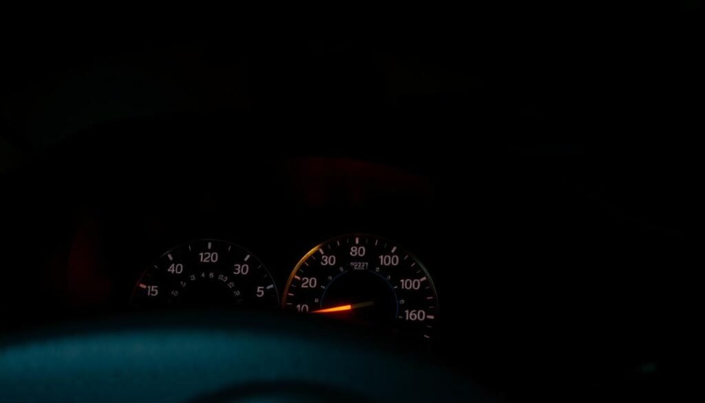 A car dashboard at night, illuminated by a glowing check engine light. The interior is dimly lit, with shadows casting a moody atmosphere. The dashboard is detailed, with various gauges and controls visible. The check engine light is the focal point, its amber glow reflecting off the surroundings. A sense of concern and uncertainty fills the scene, as the driver contemplates the implications of the unexpected warning. The image conveys the experience of facing an unexpected mechanical issue, the emotions and questions it raises, and the need to diagnose and resolve the problem.