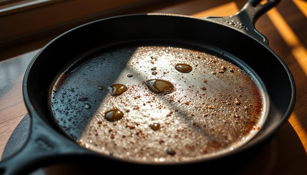 A cast-iron griddle, its surface glistening with a rich, dark patina, rests on a wooden table. Beams of warm, soft light from a nearby window cast gentle shadows, highlighting the contours and texture of the seasoned metal. Droplets of oil and specks of spices dot the surface, evidence of its repeated use and care. The griddle's edges are slightly worn, a testament to its resilience and the countless meals it has cooked. This image conveys the importance of maintaining the griddle's seasoning, a crucial step in preserving its longevity and ensuring consistent, flavorful cooking. A cast-iron griddle, its surface glistening with a rich, dark patina, rests on a wooden table. Beams of warm, soft light from a nearby window cast gentle shadows, highlighting the contours and texture of the seasoned metal. Droplets of oil and specks of spices dot the surface, evidence of its repeated use and care. The griddle's edges are slightly worn, a testament to its resilience and the countless meals it has cooked. This image conveys the importance of maintaining the griddle's seasoning, a crucial step in preserving its longevity and ensuring consistent, flavorful cooking.