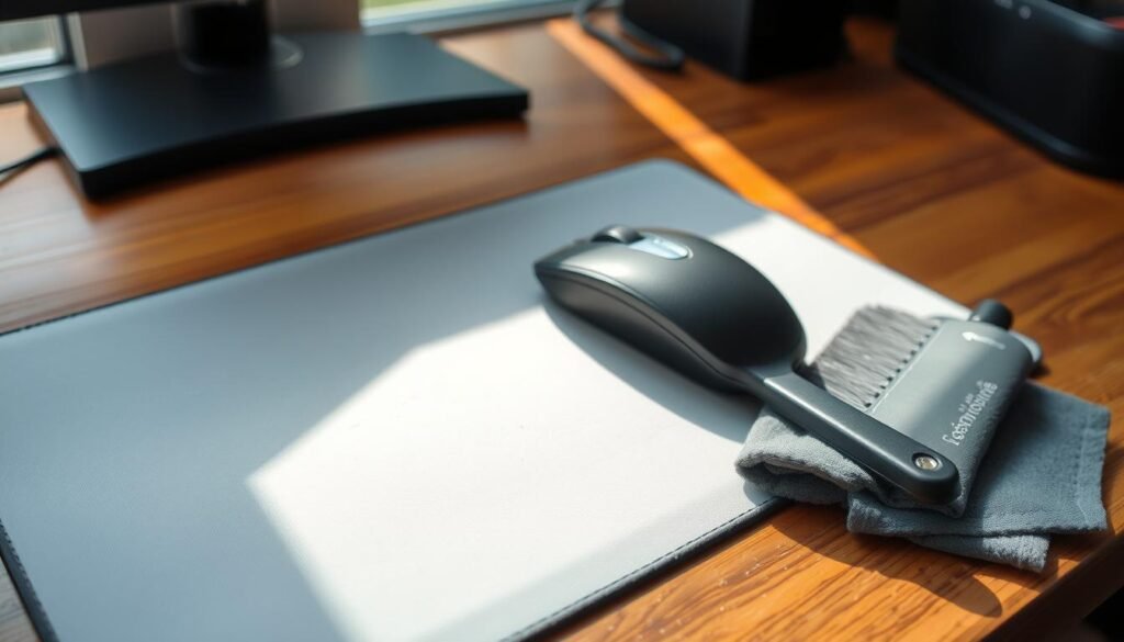 A clean and well-maintained mouse pad resting on a wooden desk, illuminated by natural light filtering through a nearby window. The pad's surface is spotless, with no visible dust or debris. In the foreground, a soft-bristle brush and a microfiber cloth lie ready to gently remove any accumulated grime. The composition emphasizes the importance of regular cleaning and simple preventative measures to keep the mouse pad in optimal condition, reflecting the "Preventative Measures for Mouse Pad Care" section of the article.