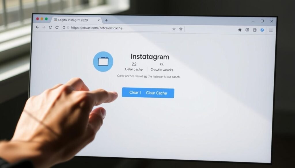 A clean, modern browser window displaying a clear cache clearing process for the Instagram app. In the foreground, a hand hovers over the "Clear Cache" button, conveying a sense of purposeful action. The background features a minimalist interface with sleek icons and a soft, muted color palette. Indirect lighting casts a subtle glow, creating a sense of clarity and focus. The overall composition suggests an efficient, streamlined approach to maintaining a smooth Instagram experience.