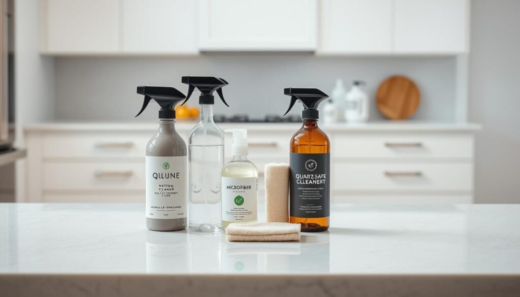 A clean, well-lit kitchen counter showcasing a variety of safe, eco-friendly cleaning products for quartz surfaces. In the foreground, an array of bottles and spray canisters in muted, neutral tones - a natural stone cleaner, a quartz-safe disinfectant, and a microfiber cloth. The middle ground features a sleek, shimmering quartz countertop reflecting the scene, while the background subtly blends with light-colored cabinetry and flooring, creating a serene, minimalist atmosphere. The lighting is soft and even, highlighting the smooth, glossy texture of the quartz and the clarity of the cleaning solutions. The overall composition conveys a sense of simplicity, efficiency, and confidence in maintaining a pristine, durable quartz surface.