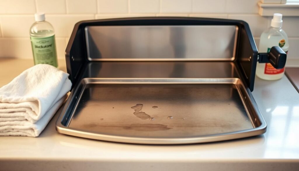 A clean, well-lit kitchen counter with a Blackstone griddle in the center. The griddle's surface is shimmering, freshly cleaned and polished, with a few drops of water still visible. A stack of clean, white kitchen towels and a bottle of griddle cleaner stand nearby, ready for the next use. The scene conveys a sense of order, efficiency and pride in maintaining the cooking equipment. The lighting is warm and natural, creating a comforting atmosphere. The camera angle is slightly elevated, providing a clear, unobstructed view of the griddle and its surroundings. A clean, well-lit kitchen counter with a Blackstone griddle in the center. The griddle's surface is shimmering, freshly cleaned and polished, with a few drops of water still visible. A stack of clean, white kitchen towels and a bottle of griddle cleaner stand nearby, ready for the next use. The scene conveys a sense of order, efficiency and pride in maintaining the cooking equipment. The lighting is warm and natural, creating a comforting atmosphere. The camera angle is slightly elevated, providing a clear, unobstructed view of the griddle and its surroundings.