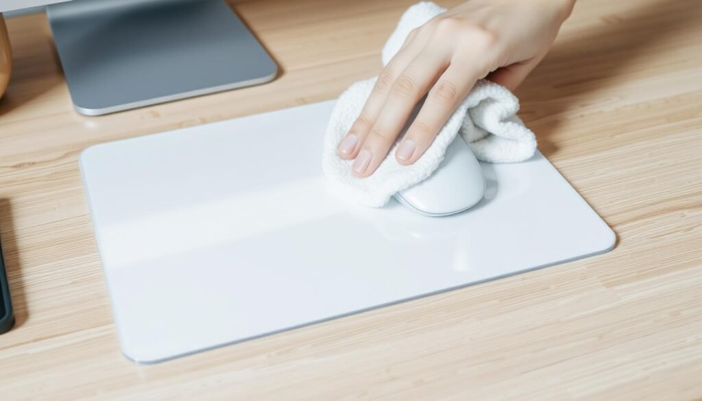 A clean, well-lit workspace with a plastic mouse pad positioned prominently on a wooden desk. The pad reflects the clean, crisp lighting, its surface free of dust and debris. A hand, clad in a soft, white cloth, gently wipes the surface, removing any lingering smudges or fingerprints. The pad's edges are sharply defined, its corners square and true. The background is a simple, neutral tone, allowing the mouse pad and the cleaning action to be the focal point. The overall atmosphere is one of efficiency and attention to detail, capturing the essence of maintaining a clean and functional workspace.