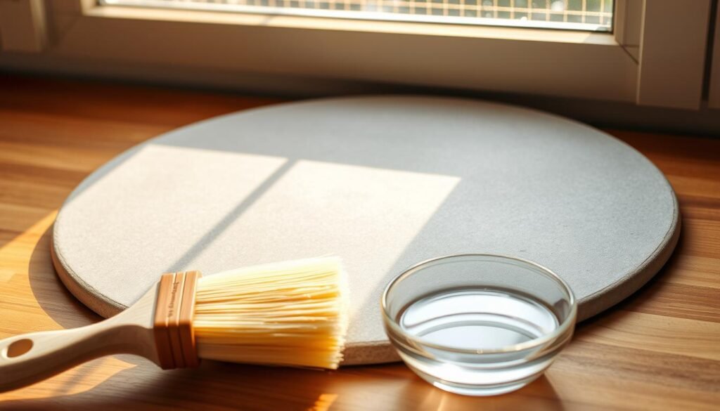 A clean, well-maintained pizza stone resting on a wooden surface, illuminated by warm, natural lighting from a nearby window. The stone's surface is free of any residue or buildup, showcasing its even, matte-gray appearance. In the foreground, a soft-bristled brush and a small bowl of warm water are positioned, suggesting the recent completion of a thorough cleaning process. The composition conveys a sense of care and attention to detail, emphasizing the importance of regularly maintaining the pizza stone for optimal performance and longevity.