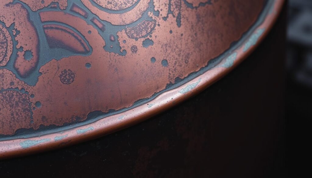 A close-up shot of a copper surface with a distinct patina, showcasing the intricate patterns and hues of tarnish. The copper is partially obscured, with a muted, moody lighting that casts subtle shadows, emphasizing the textural details. The background is slightly blurred, keeping the focus on the weathered copper. The image conveys a sense of age, time-worn beauty, and the natural oxidation process that transforms the metal's appearance.